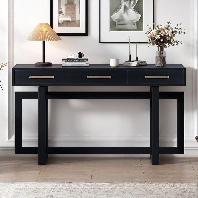 57"W Elegant Console Table with 3 Drawers and Irregular Legs, Extra Long Entryway Table, Black 4B - ModernLuxe