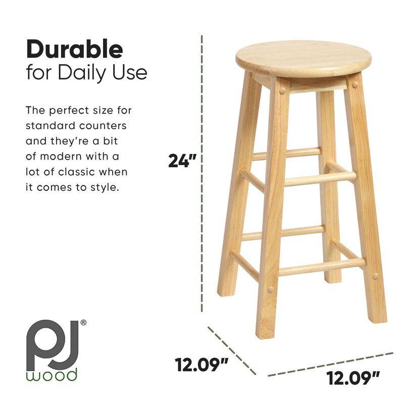 PJ Wood Round-Seat 24 Inch Tall Kitchen Counter Stools for Homes, Dining Spaces, and Bars with Backless Seats, 4 Square Legs, Natural, Set of 2