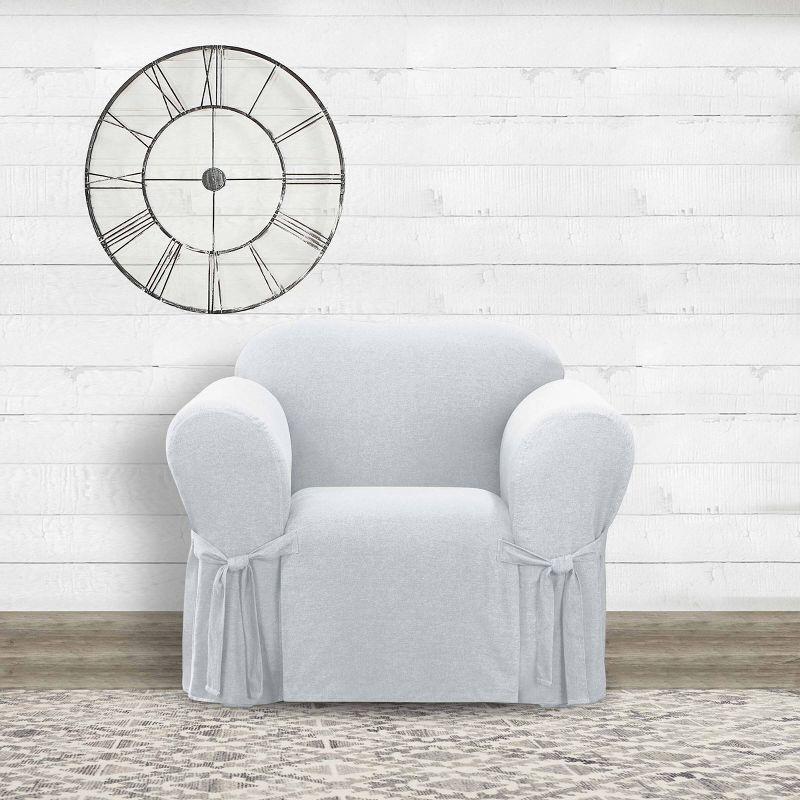 Farmhouse Basketweave Chair Slipcover Gray - Sure Fit: Adjustable Ties, Elastic Band, Fits 32"-43" Armchairs