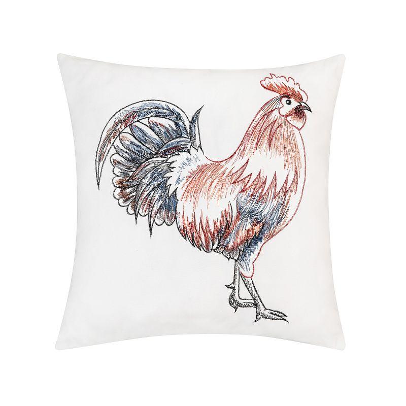 18" White and Multicolor Embroidered Rooster Throw Pillow