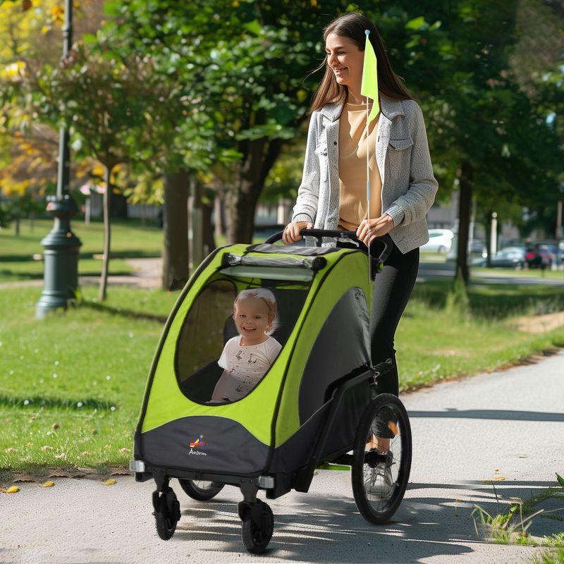 Aosom Bike Trailer for Kids 3 In1 Foldable Child Jogger Baby Stroller Transport Carrier, Rubber Tires Adjustable Kid Bicycle Trailer Green and Gray