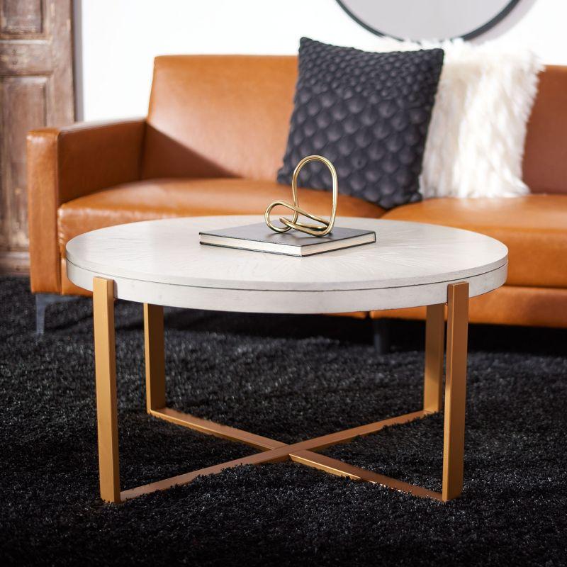 Navya Round Whitewashed Wood and Gold Metal Coffee Table