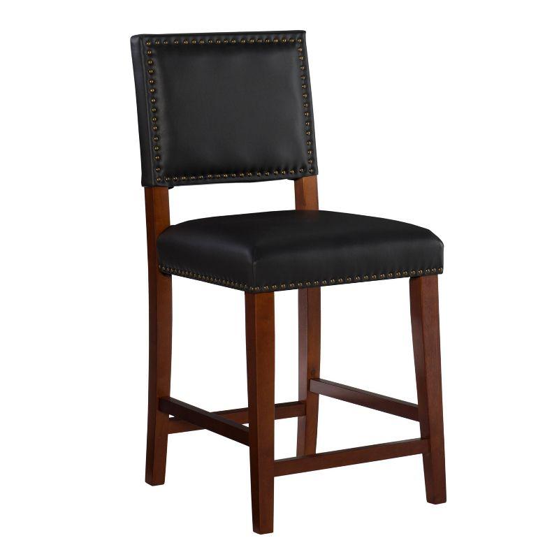 24" Brook Padded Back Faux Leather Nailhead Counter Height Barstool Black - Linon: Cherry-Stained Legs, Footrails