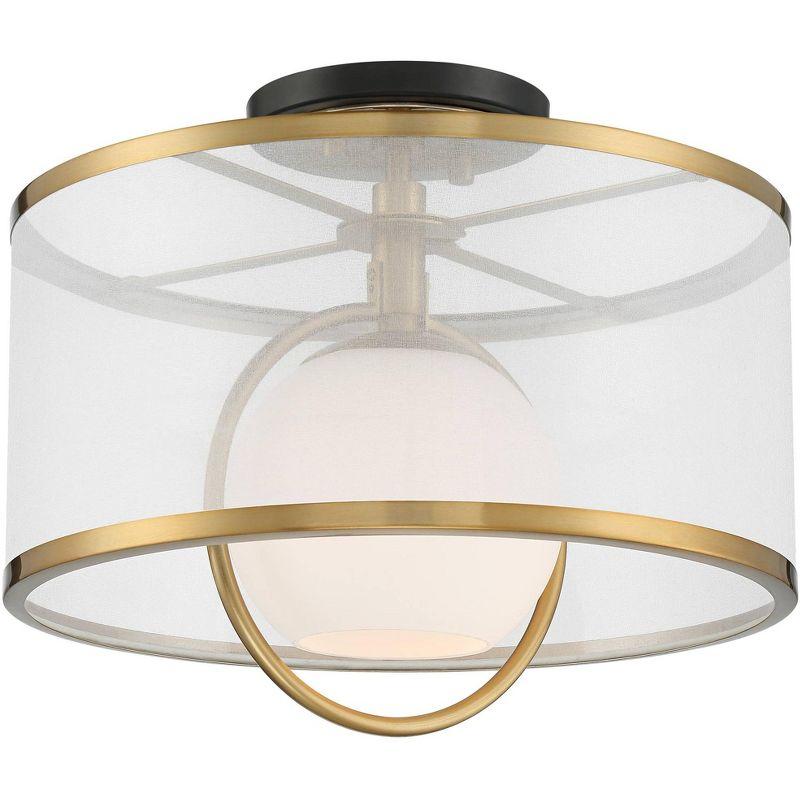 Possini Euro Design Carlyn Modern Art Deco Ceiling Light Semi Flush Mount Fixture 14" Wide Warm Brass Black Orb Organza Drum Shade for Bedroom Kitchen