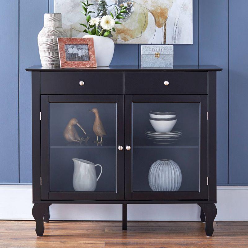 Petite Queen Anne Black Buffet with Tempered Glass Doors