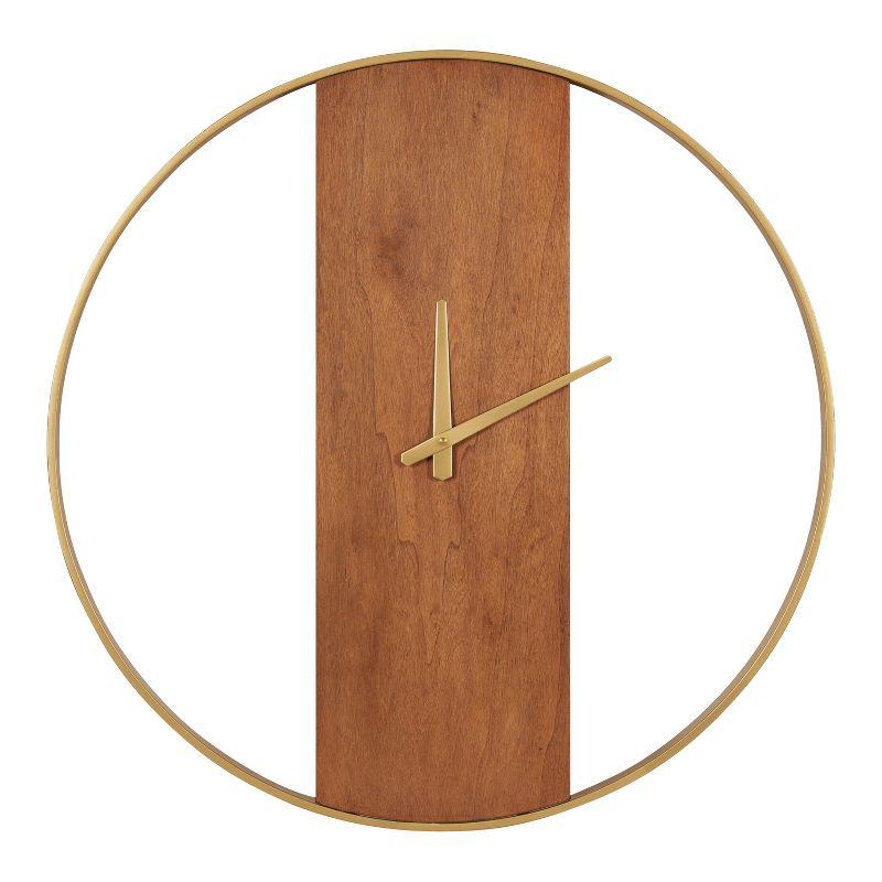 24" Walnut Brown and Gold Metal Round Wall Clock