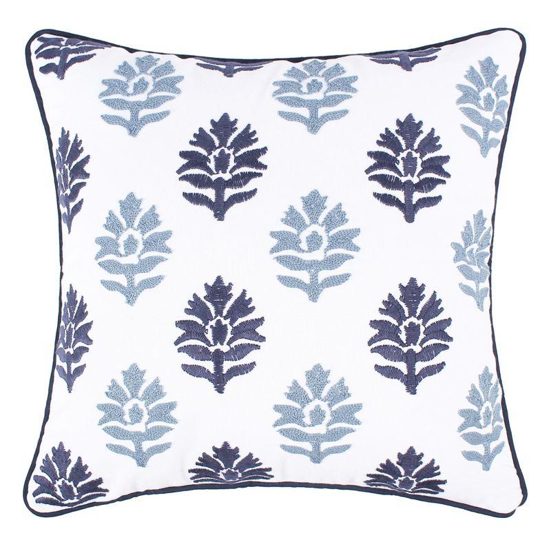 18x18 White and Blue Embroidered Feather Fill Throw Pillow