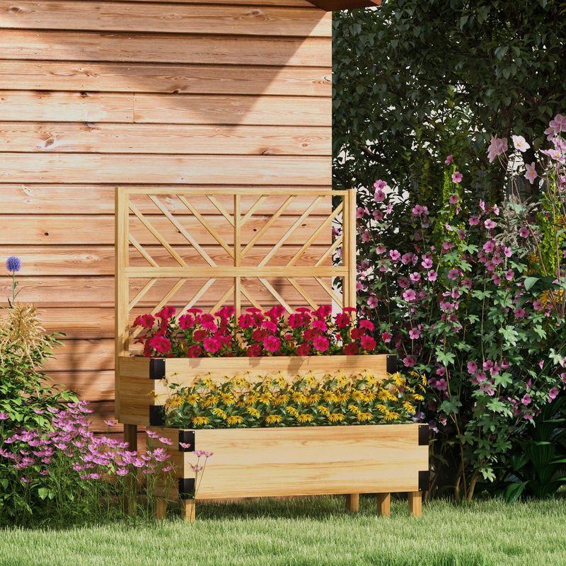Outsunny 2 Tier Trellis Planter, Wooden Vegetable Garden Bed with Metal Corners for Vegetables, Flowers, Herbs, Natural