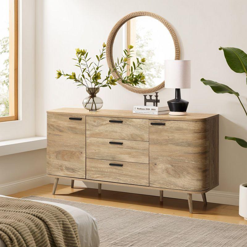 LuxenHome Sideboard Buffet Cabinet with Storage, 59'' Wide Natural Oak Manufactured Wood Accent Console Cabinet with 2-Door and 3-Drawer