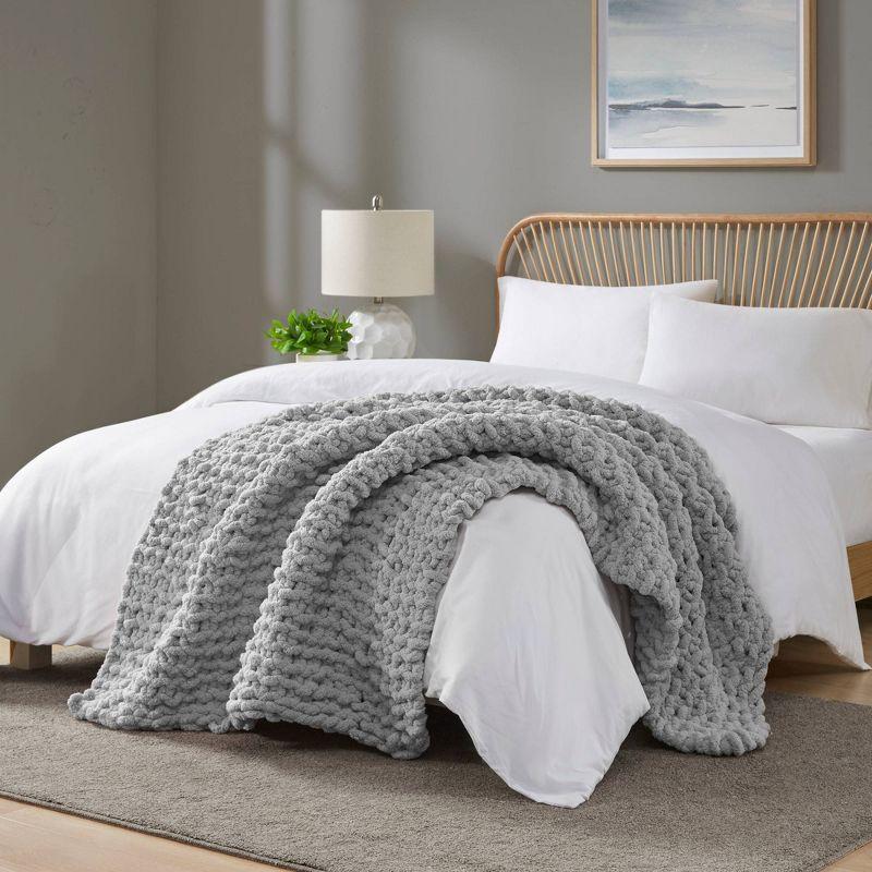 Gray Chenille Chunky Knit Handmade Throw Blanket