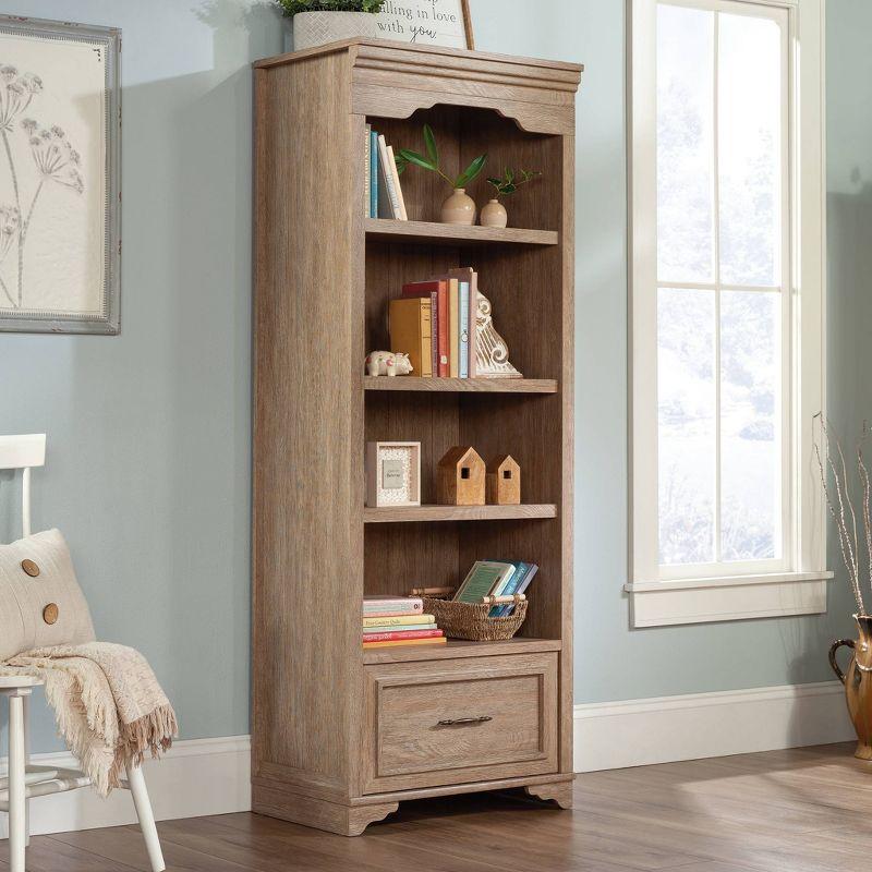 Brushed Oak Adjustable 4-Shelf Bookcase with Drawer