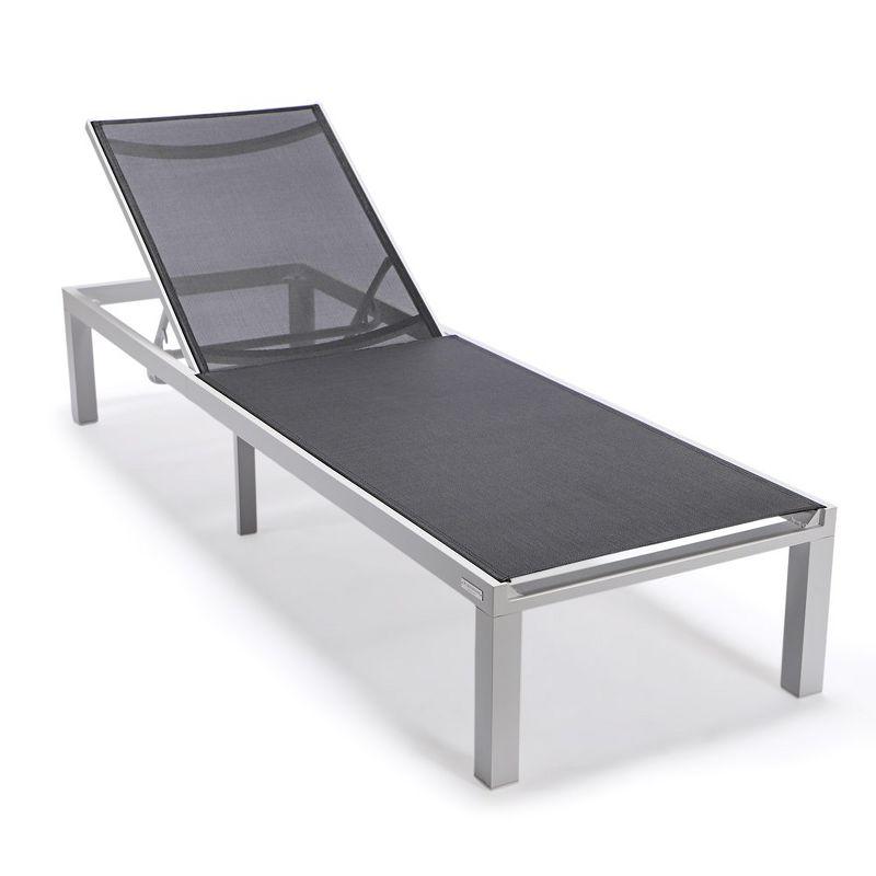 LeisureMod Marlin Modern White Aluminum Patio Chaise Lounge Chair with Square Fire Pit Side Table Set of 2