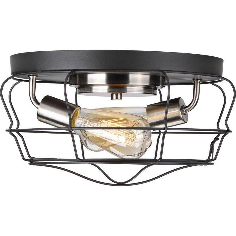 Progress Lighting, Gauge Collection, 2-Light Flush Mount, Graphite Finish, Open Cage Design, Steel Frame