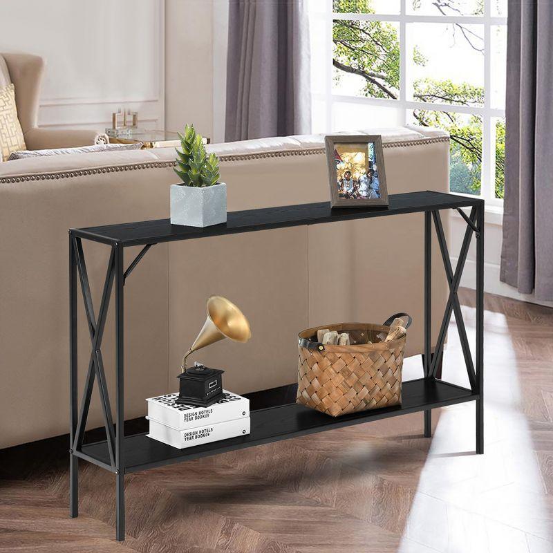 Black Metal and Wood 2-Tier Console Table with Storage