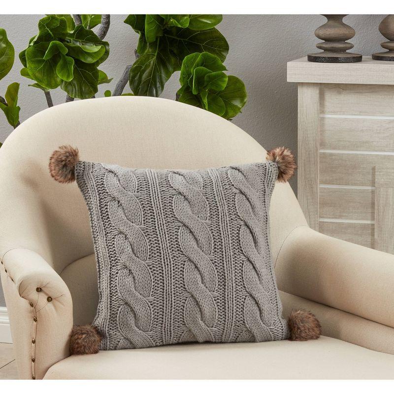 18"x18" Poly-Filled Cable Knit Square Throw Pillow with Pom-Poms - Saro Lifestyle