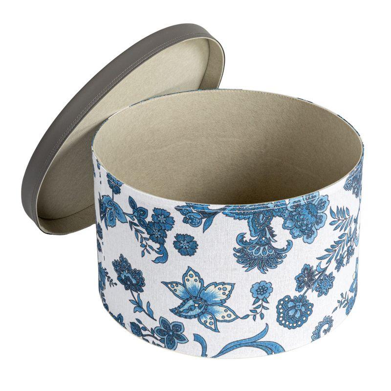 Floral Nestable Hat Boxes with Faux Leather Lids, Cream and Blue, Set of 3