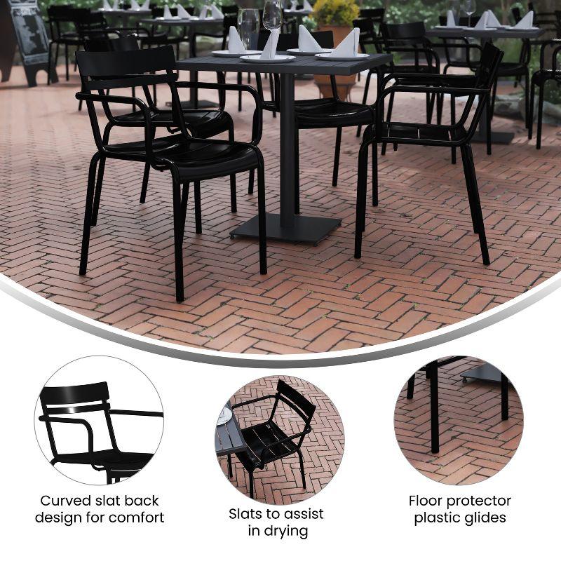 Emma and Oliver Set of 2 Powder Coated Steel Stacking Dining Chairs with Arms and 2 Slat Backs for Indoor-Outdoor Use in Black