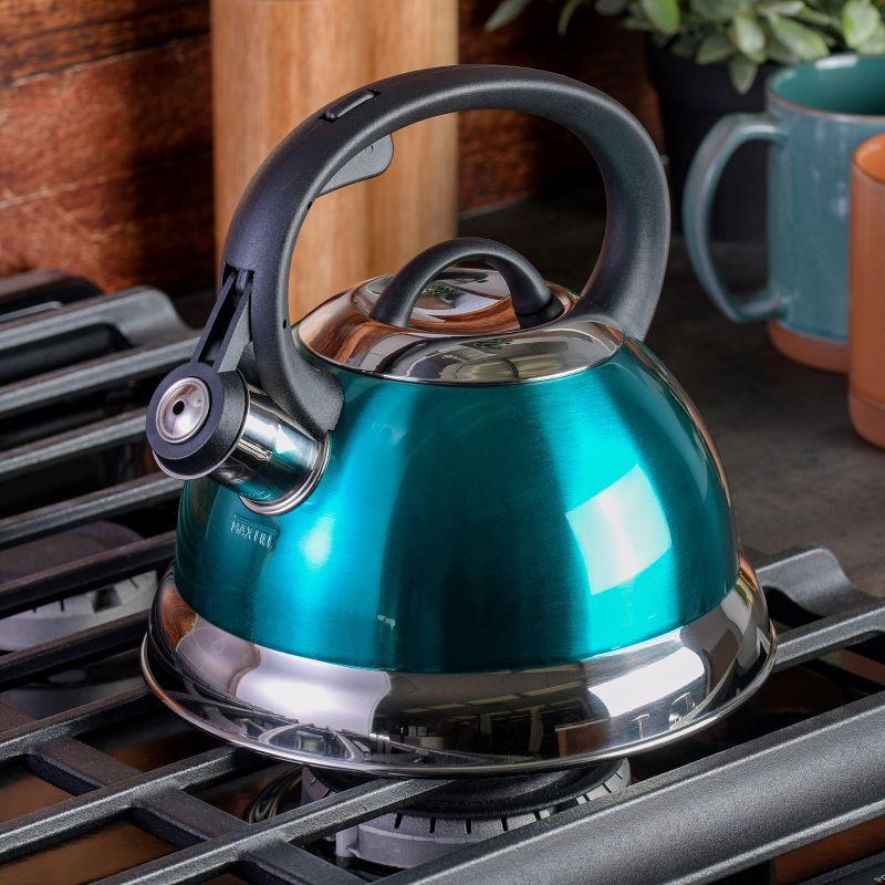 Turquoise Stainless Steel Whistling Tea Kettle with Nylon Handle, 1.75 Quart