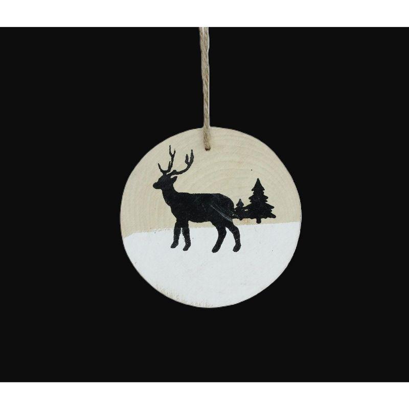 Beige Wooden Disc Ornament with Deer and Pine Trees