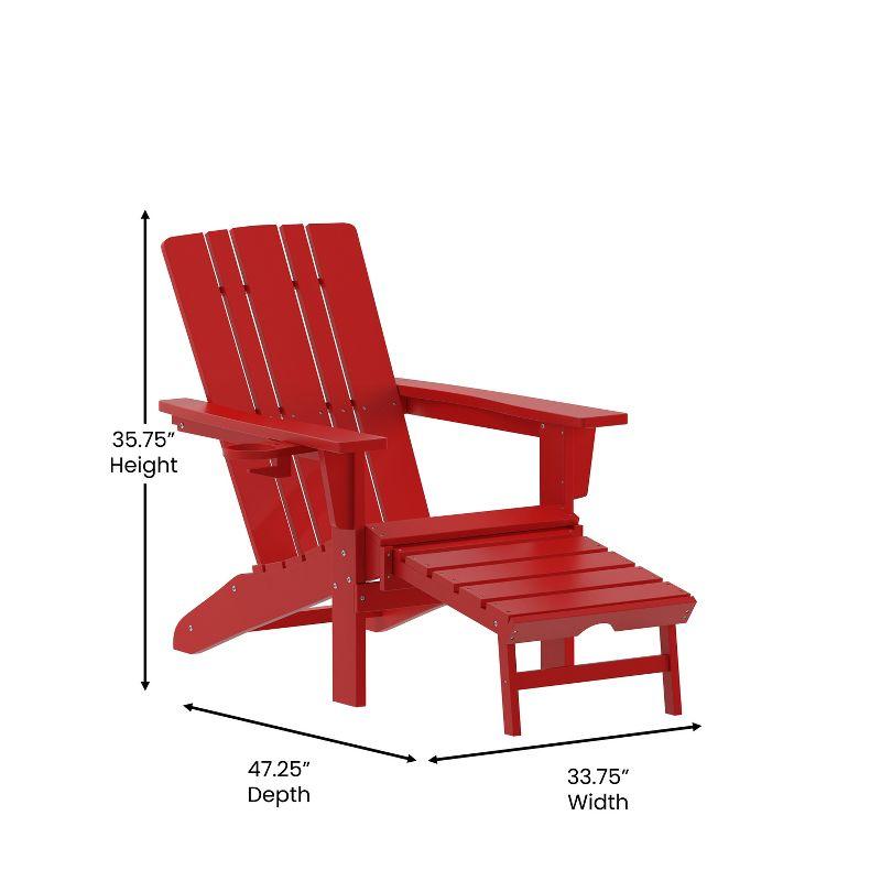 Flash Furniture Halifax HDPE Adirondack Chair with Cup Holder and Pull Out Ottoman, All-Weather HDPE Indoor/Outdoor Lounge Chair in Red