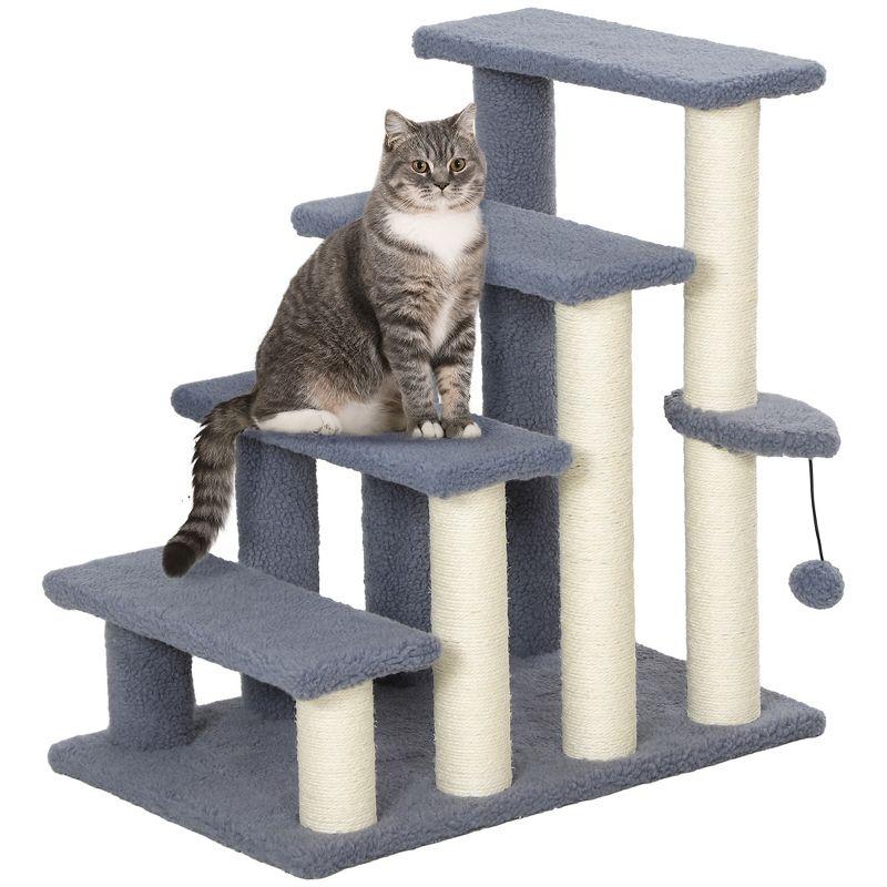 PawHut 4 Levels Cat Steps, Pet Stairs Carpeted Ladder, Kitten Tree Climber with Scratching Posts, Hanging Play Ball, Side Step, Gray