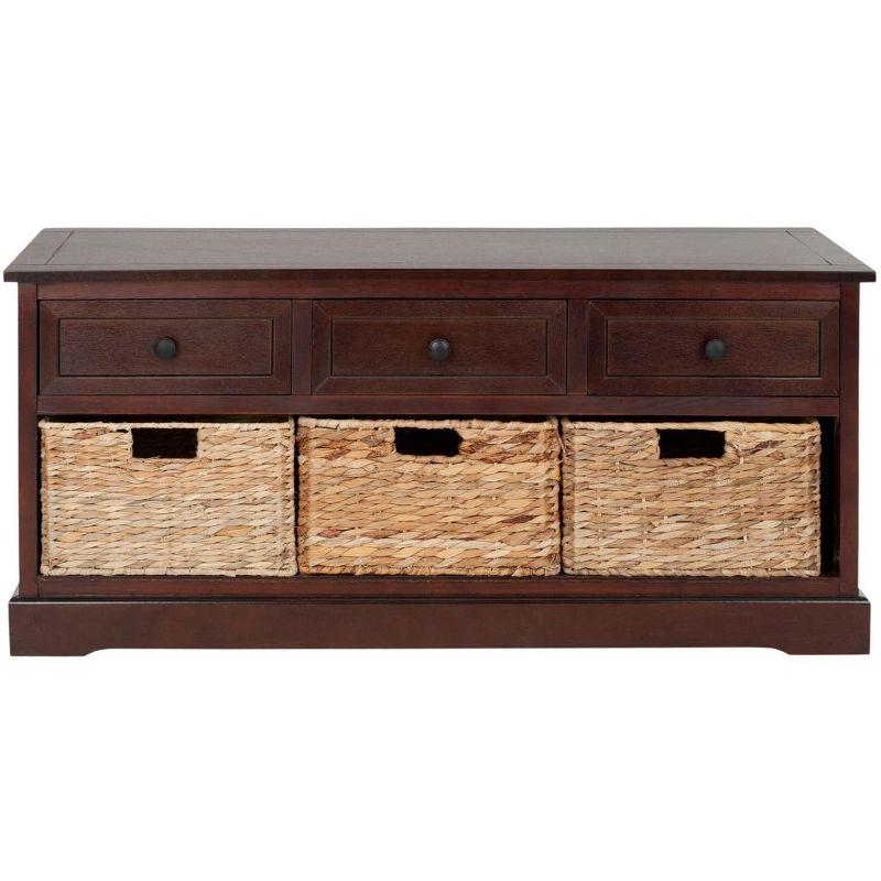 Transitional Damien Dark Cherry Pine Storage Bench with Wicker Baskets