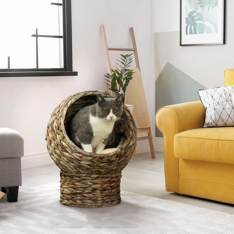 PawHut 20" Natural Braided Elevated Cat Bed Basket House Chair Sofa With Cushion