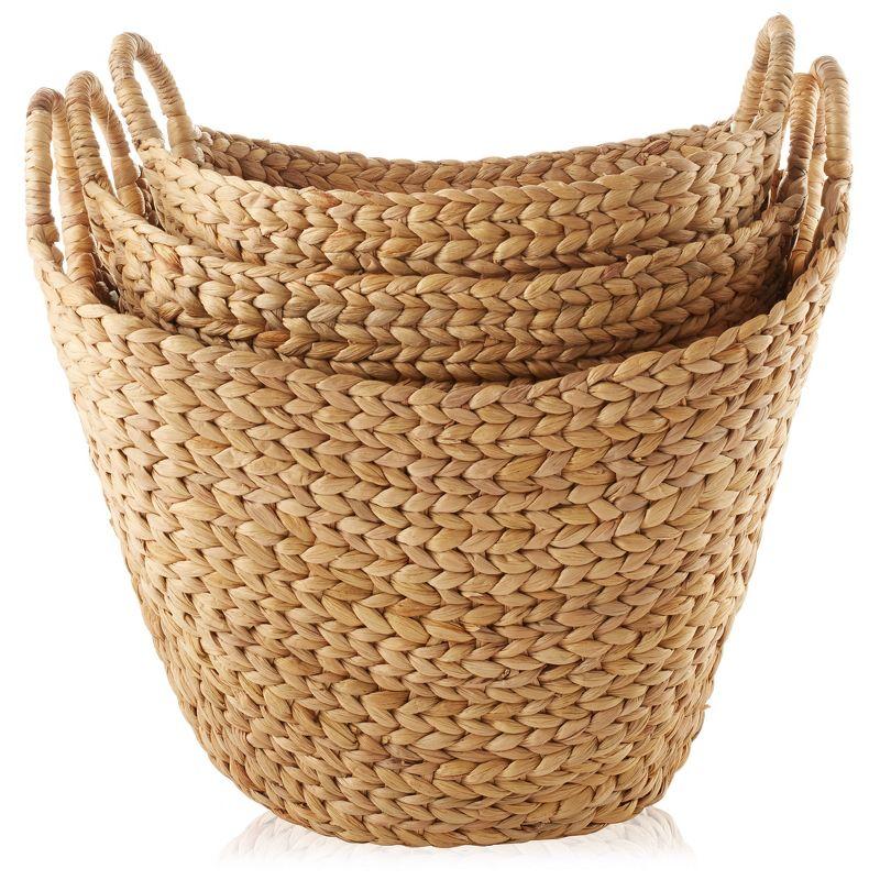 Casafield Set of 3 Water Hyacinth Boat Baskets with Handles, Woven Storage Organizers for Blankets, Laundry, Bathroom, Bedroom, Living Room