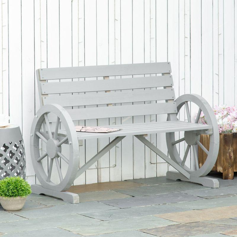 Outsunny Wooden Wagon Wheel Bench Rustic Outdoor Patio Furniture, 2-Person Seat Bench with Backrest Charcoal Gray