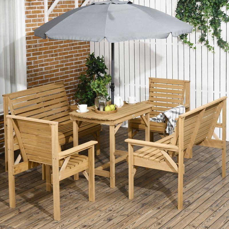 Outsunny 5 Piece Patio Furniture, 6 Seat Outdoor Dining Set, Natural Wood Dinner Table, 2 Chairs, Loveseats with Armrests & Umbrella Hole, Light Brown