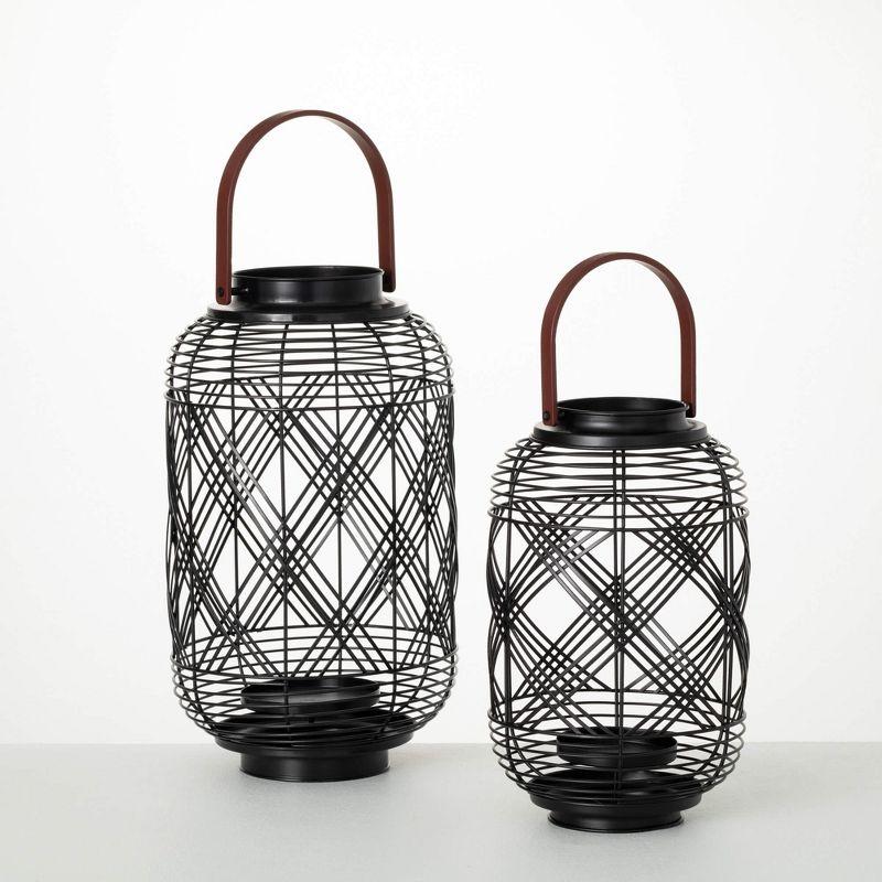 Black Woven Metal Lanterns with Wooden Handles, Set of 2