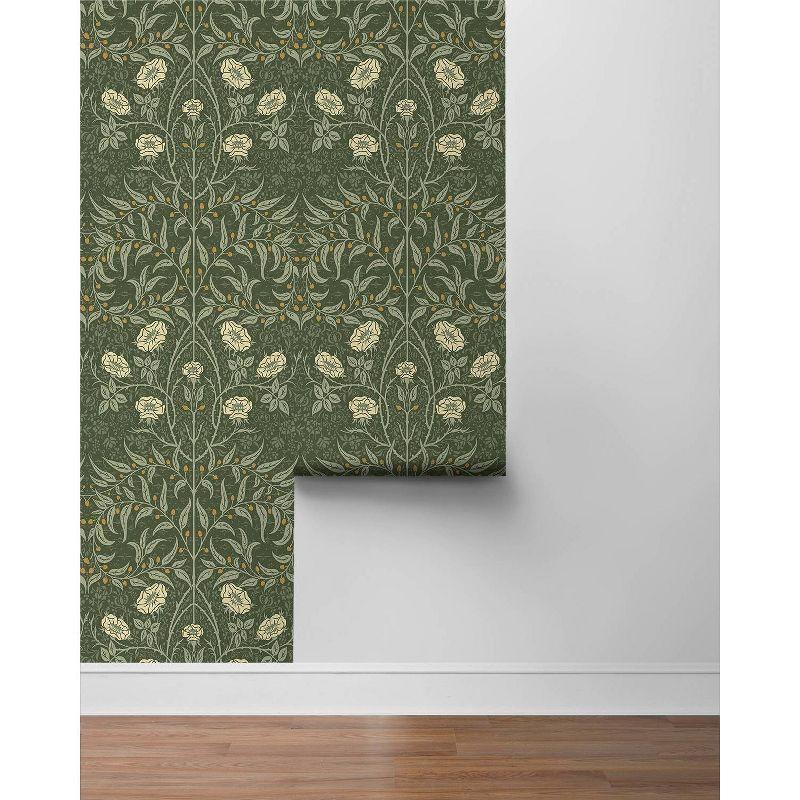 NextWall Stenciled Floral Peel and Stick Wallpaper Green: Vintage Botanical Vinyl, Self-Adhesive, Repositionable, 30.75 Sq Ft Coverage