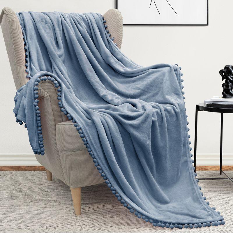 Cozy Dusty Blue Fleece Twin Throw with Pom Pom Fringe