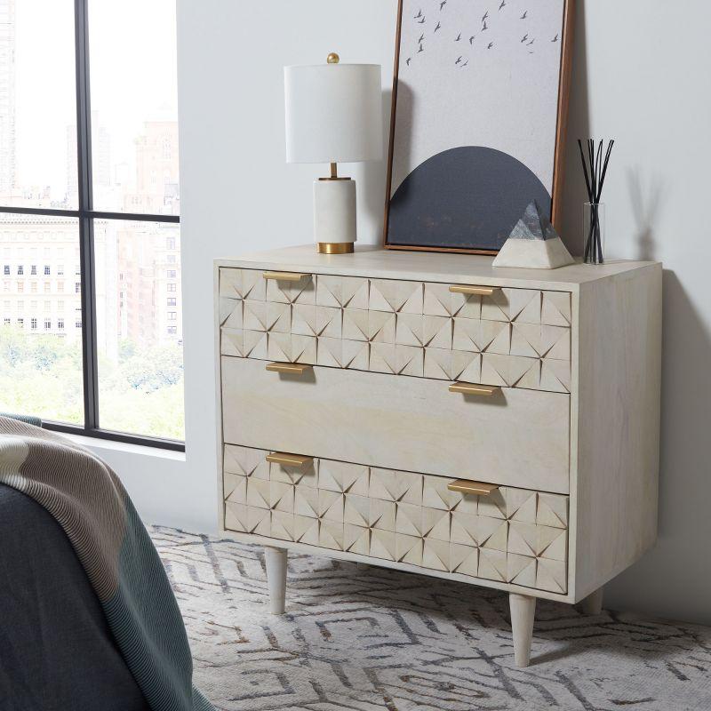 White Wash and Brass 3-Drawer Geometric Chest