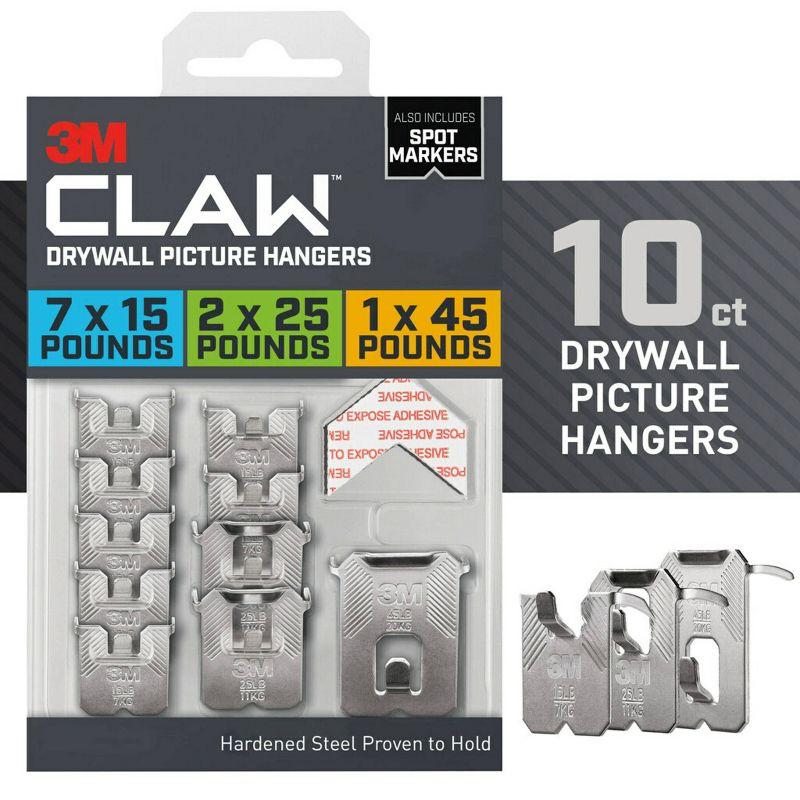 3M Claw Drywall Picture Hanging Kit: Metal Utility Hooks, 45 lb Capacity, 10 Pack, Gray