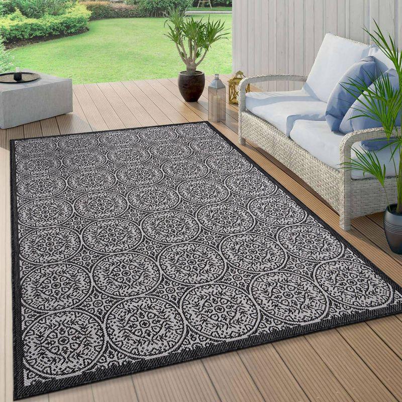 World Rug Gallery Transitional Floral Circles Textured Flat Weave Indoor/Outdoor Area Rug - BLACK 7'10"X10'