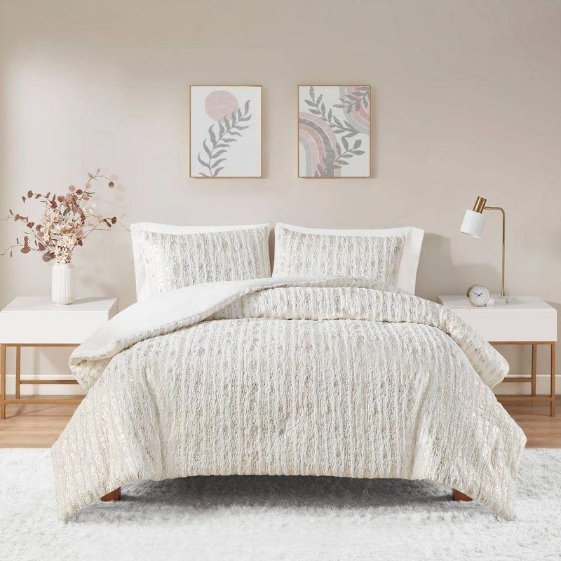 Metallic Print Faux Fur Comforter Set