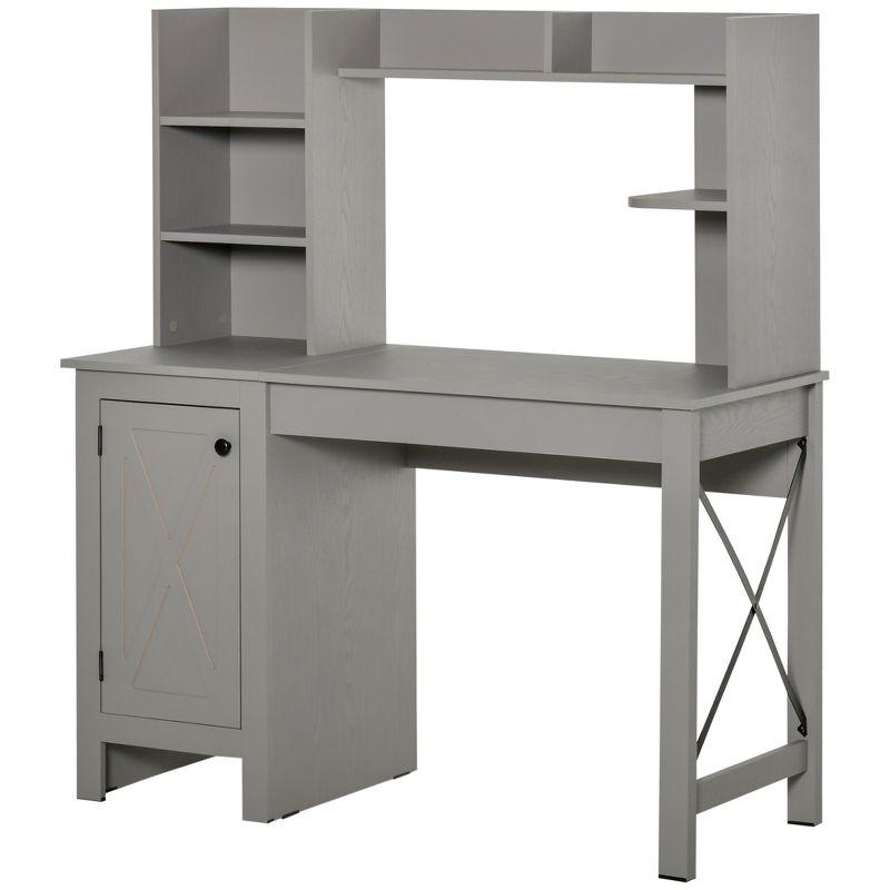 Modern Light Grey Wood Computer Desk with Hutch and Filing Cabinet