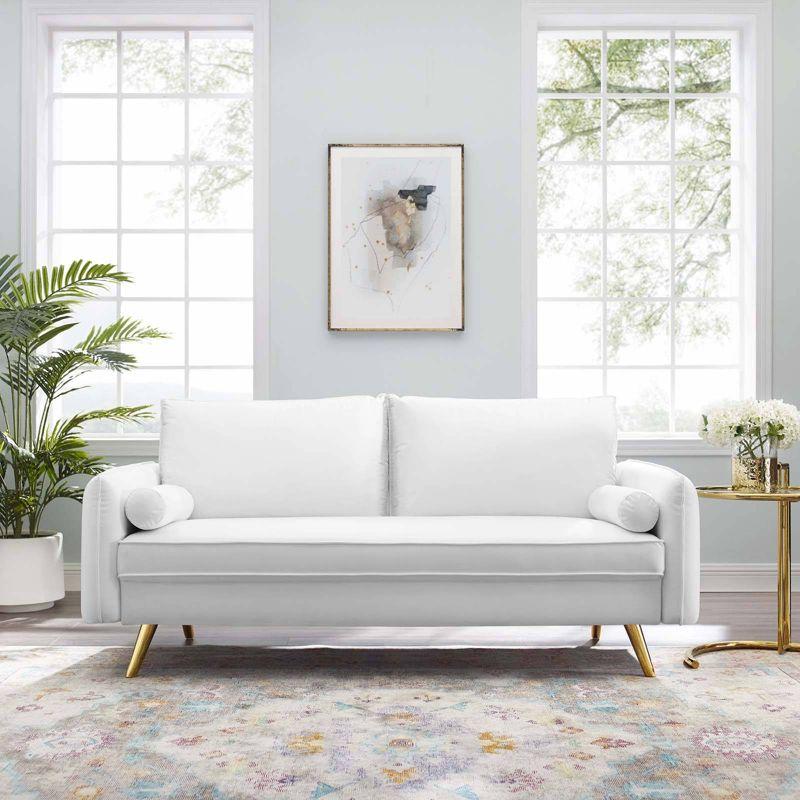 Revive Performance Velvet Sofa White - Modway: Upholstered Couch with Gold Legs & Bolster Pillows