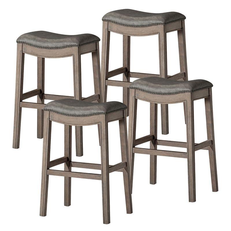 Adrien 31" Reclaimed Oak and Vegan Leather Saddle Barstools, Set of 4