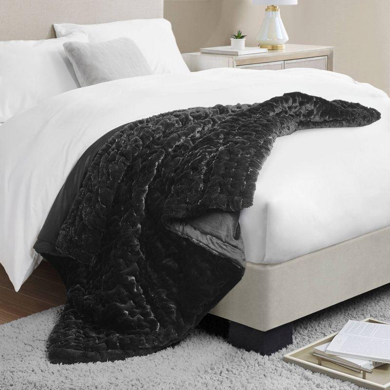 Luxurious Black Faux Fur 50"x60" Reversible Throw Blanket