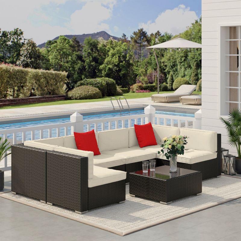 Outsunny 7 Piece Outdoor Patio Furniture Set, PE Rattan Wicker Sectional Sofa Set with Couch Cushions, Pillows, Coffee Table, Beige