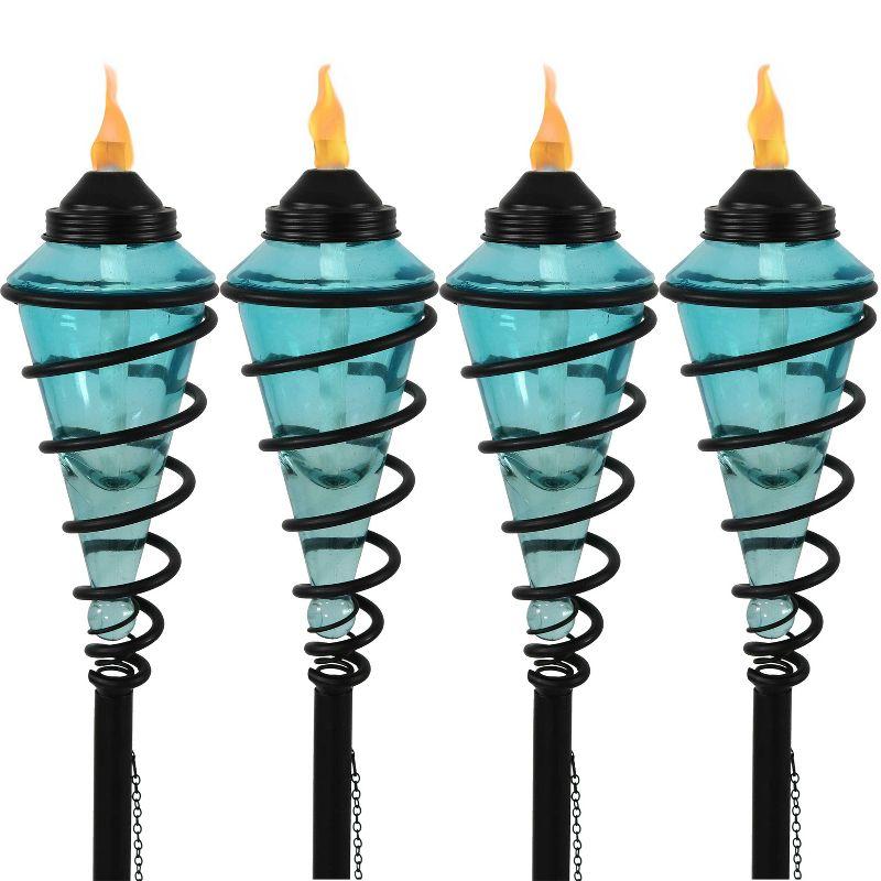 Adjustable Height Blue Glass and Metal Swirl Patio Torch Set