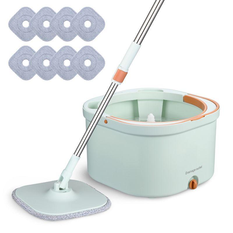 Green Spin Mop and Bucket with Microfiber Pads