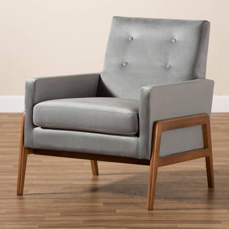 Perris Mid-Century Modern Velvet Fabric Upholstered Wood Lounge Chair Gray - Baxton Studio: Comfy Seating for Living Space