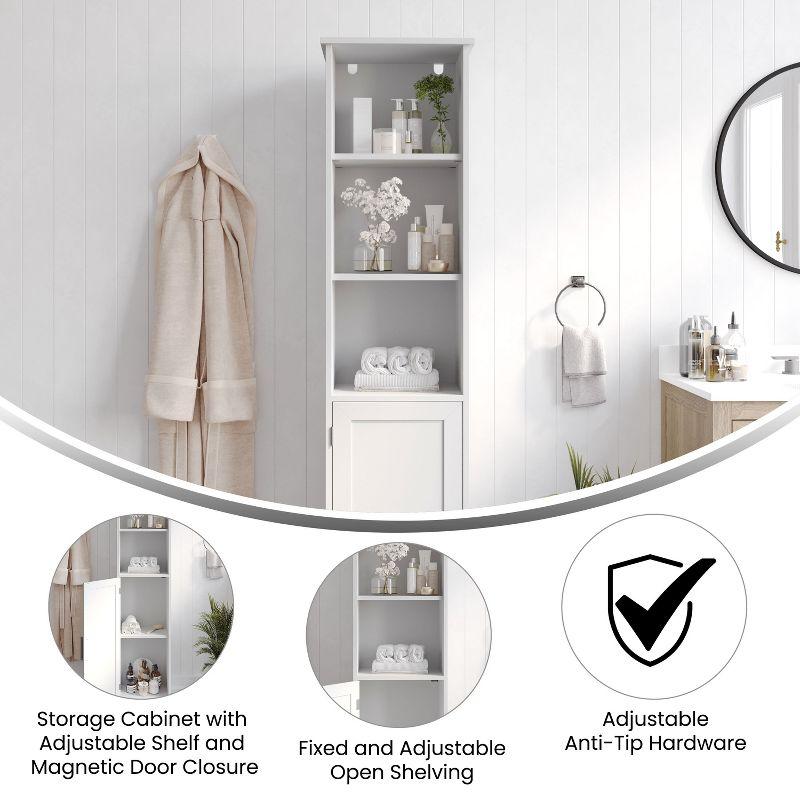 Flash Furniture Vega Freestanding Narrow Bathroom Linen Tower Storage Cabinet Organizer with Door, In-Cabinet Adjustable Shelf, and Upper Open Shelves