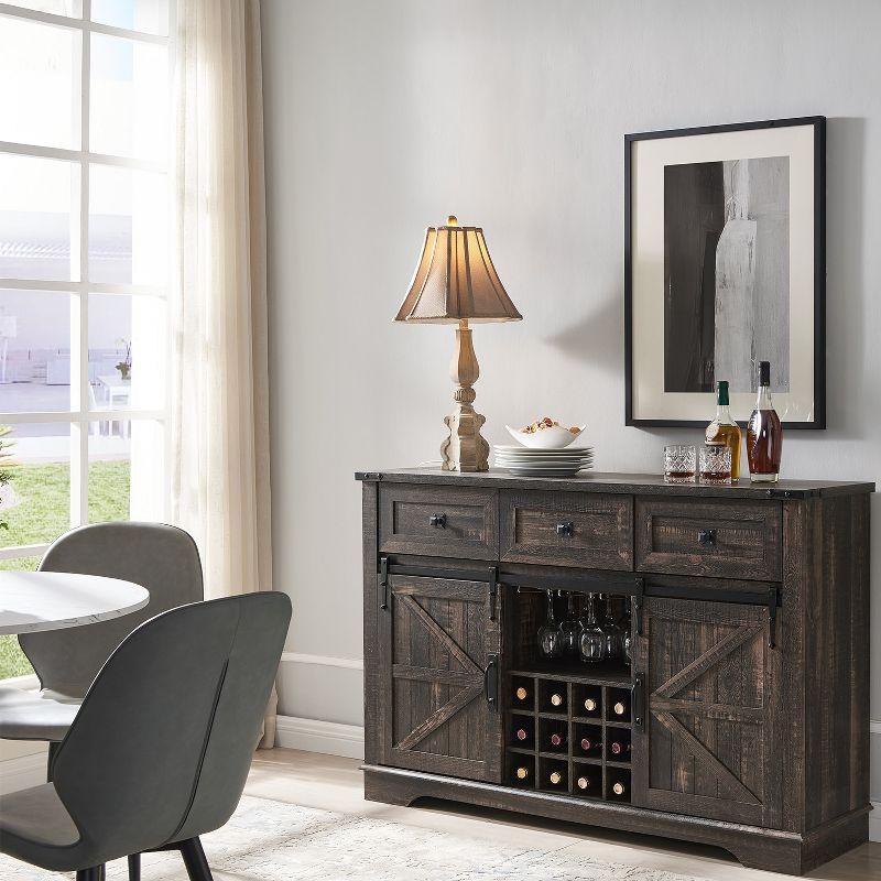 Dark Rustic Oak 54" Farmhouse Wine Bar Cabinet with Sliding Barn Doors