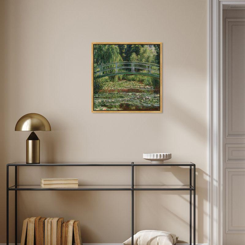 Monet - The Japanese Footbridge and the Water Lily Pool Giverny Canvas Impressionism Wall Art by Art Remedy, Gold Frame, 20" x 20"