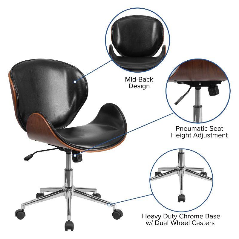 Walnut Frame Black Leather Mid-Back Executive Swivel Office Chair