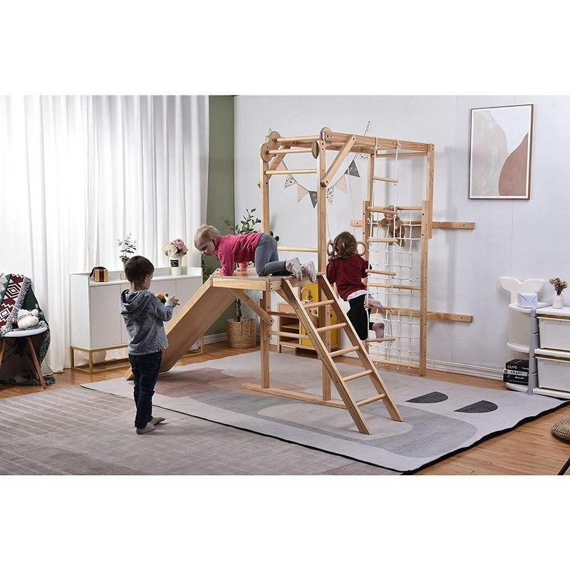 Natural Wood 8-in-1 Indoor Jungle Gym with Slide and Swing